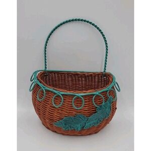 Decorative Hanging Wicker Basket with Green Metal Wire Cottagecore